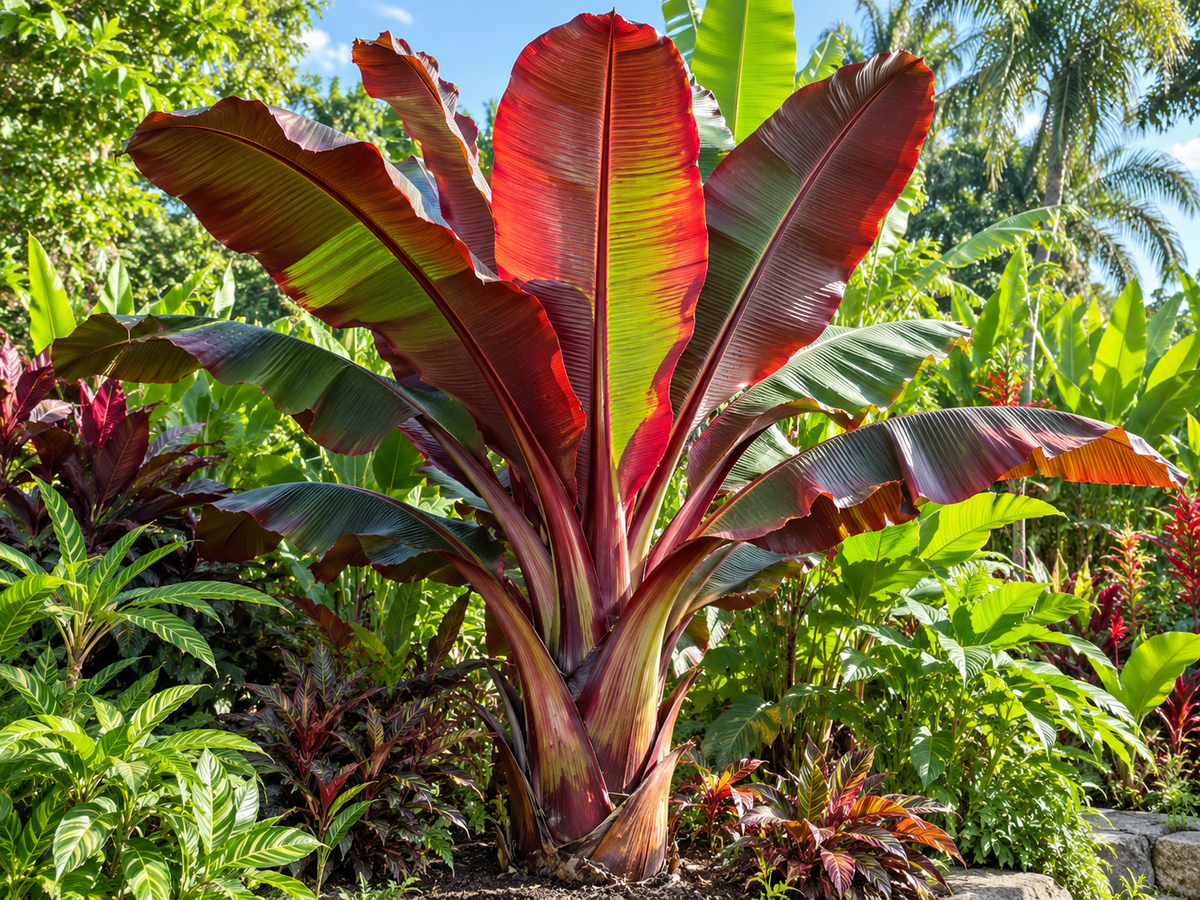 Ensete ventricosum Maurelii rode bananenplant in tropische tuin