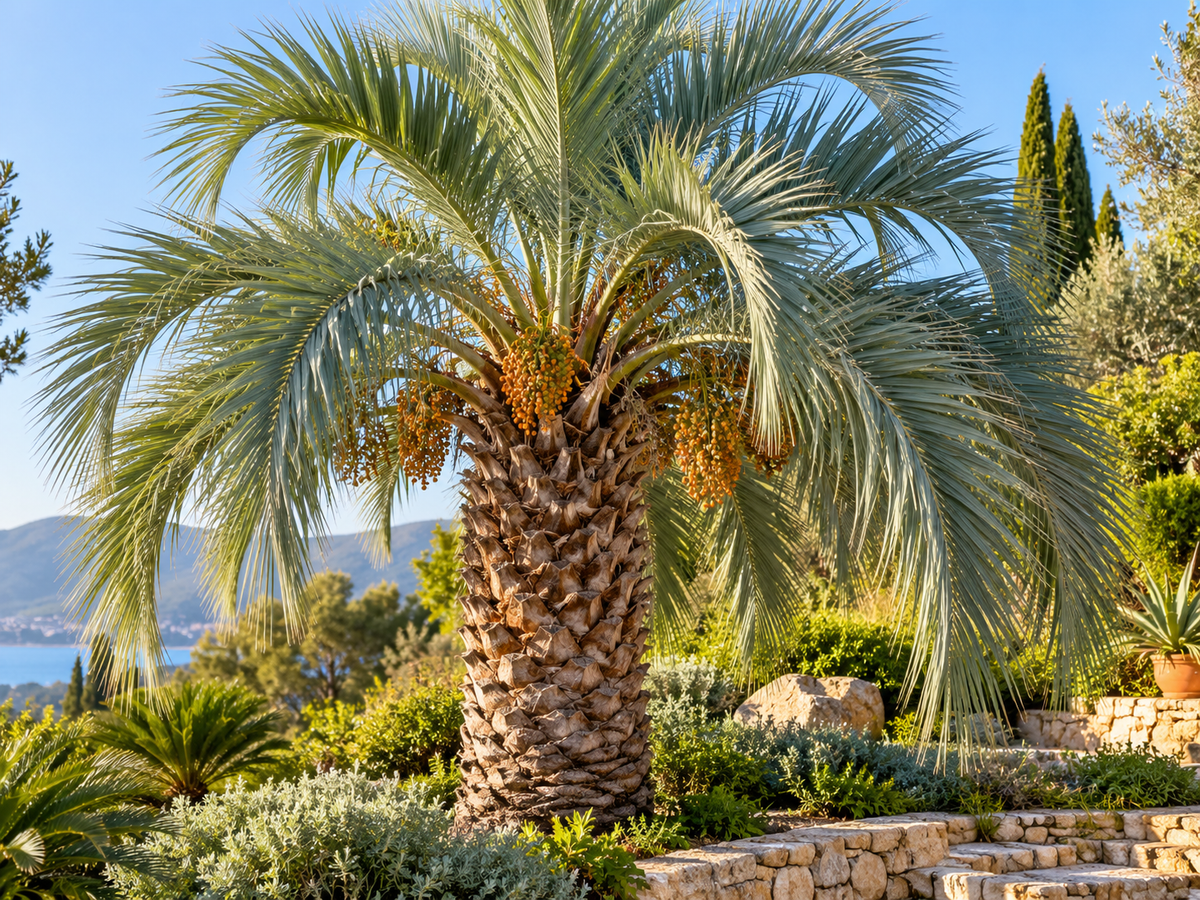 Butia capitata - Geleipalm als volwassen palm in mediterrane tuin
