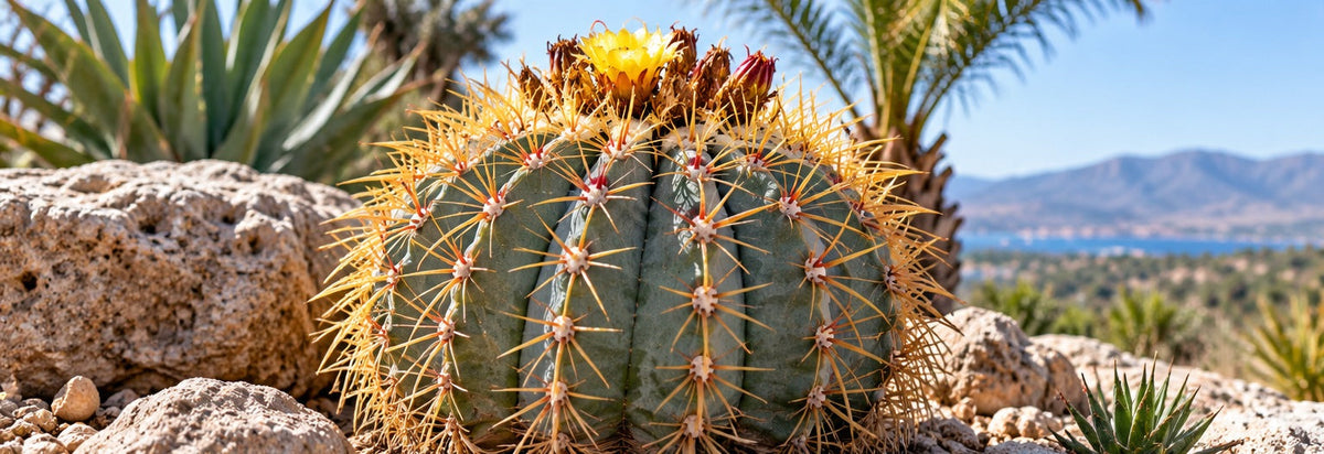 Ferocactus glaucescens blauwgroene bolcactus met gele bloem