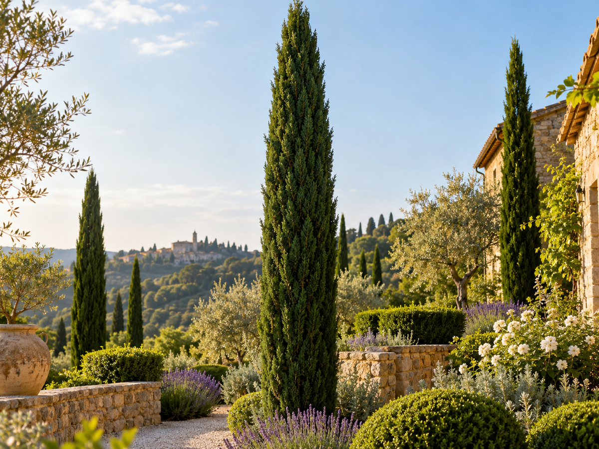 Italiaanse cipres in mediterrane tuin