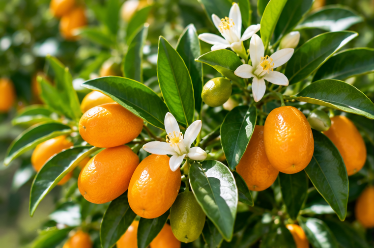 Kumquat Citrus japonica met oranje vruchten en witte bloemen
