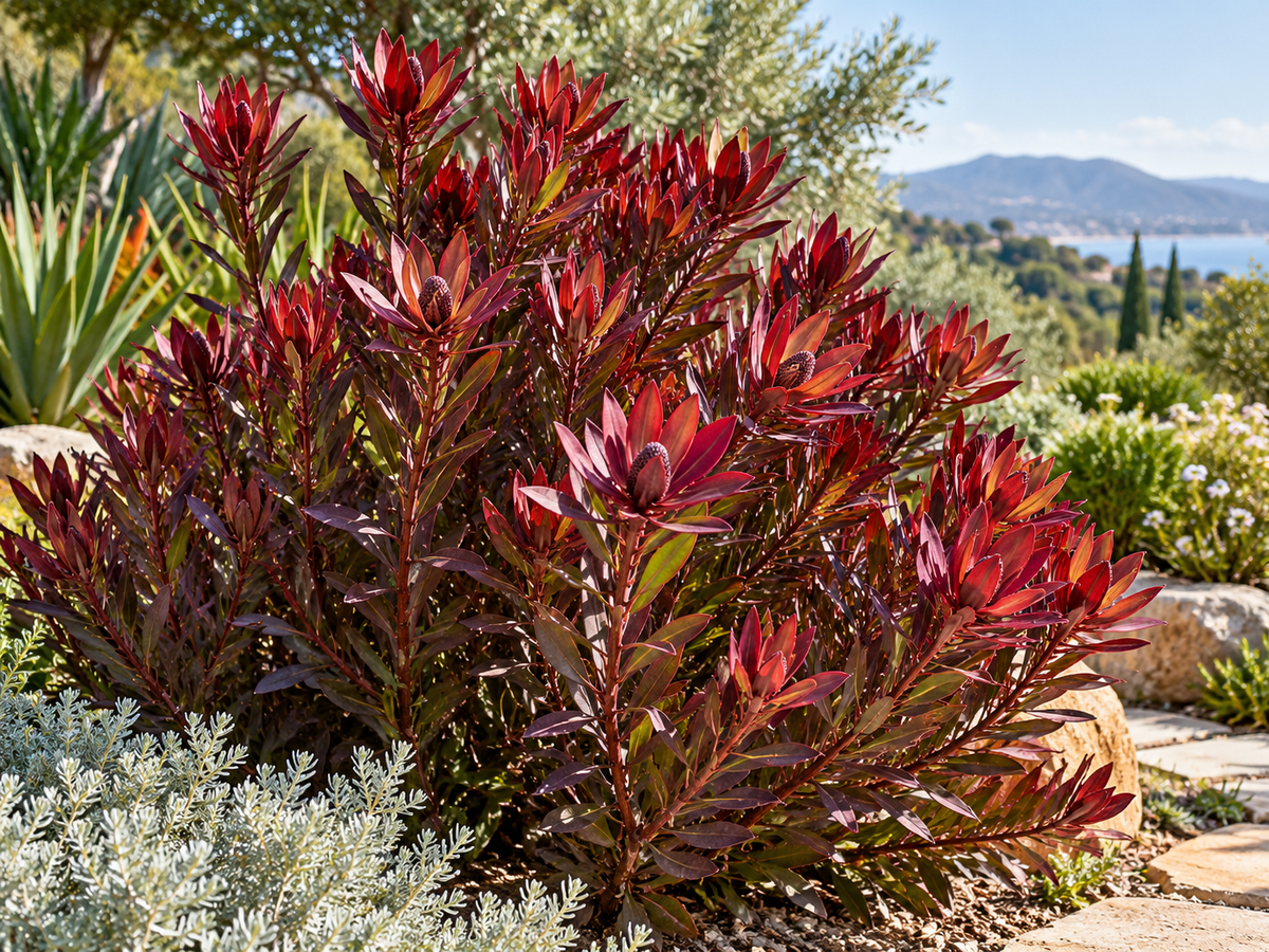 Leucadendron Burgundy Sunset bordeauxrode struik in mediterrane tuin