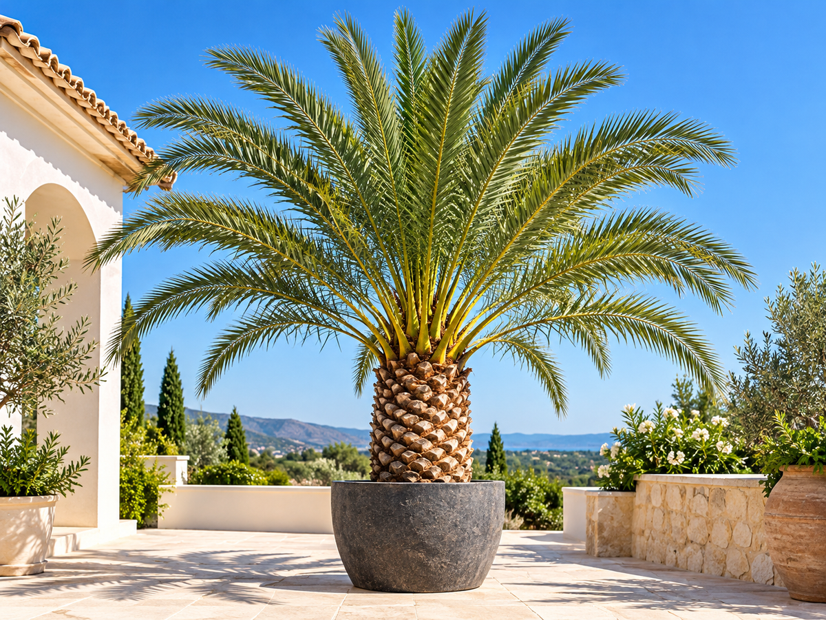 Phoenix dactylifera - echte Dadelpalm in een mediterrane tuin